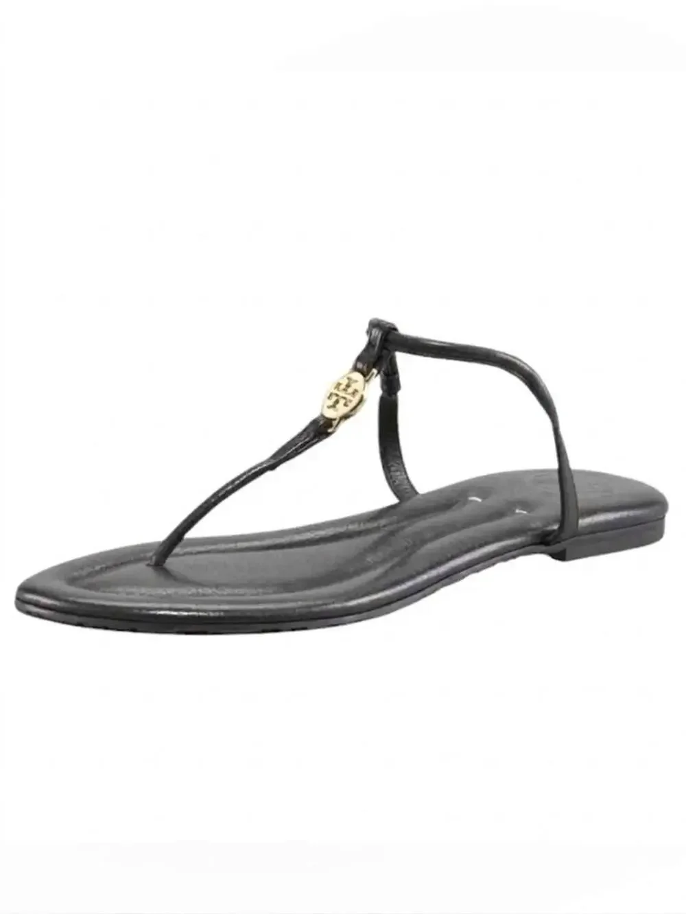 TORY BURCH T Strap Sandal Black Leather Gold Logo Slip On Thong Toe 7.5